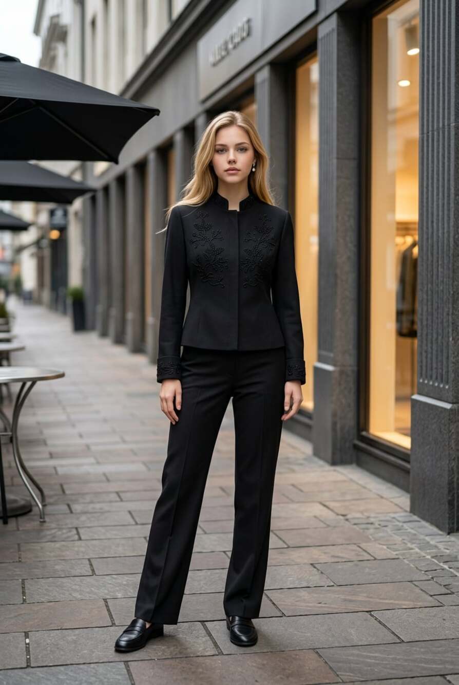 Context Women's Black Two-Piece Wool-Blend Pant Suit with Embroidered Jacket, Si